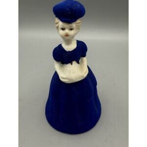 Vintage Blue Flocked Lady Bell Figurine Porcelain Colonial Woman 4”